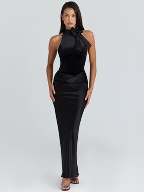 House of CB BEAU Black Satin Draped Maxi Skirt NWOT
